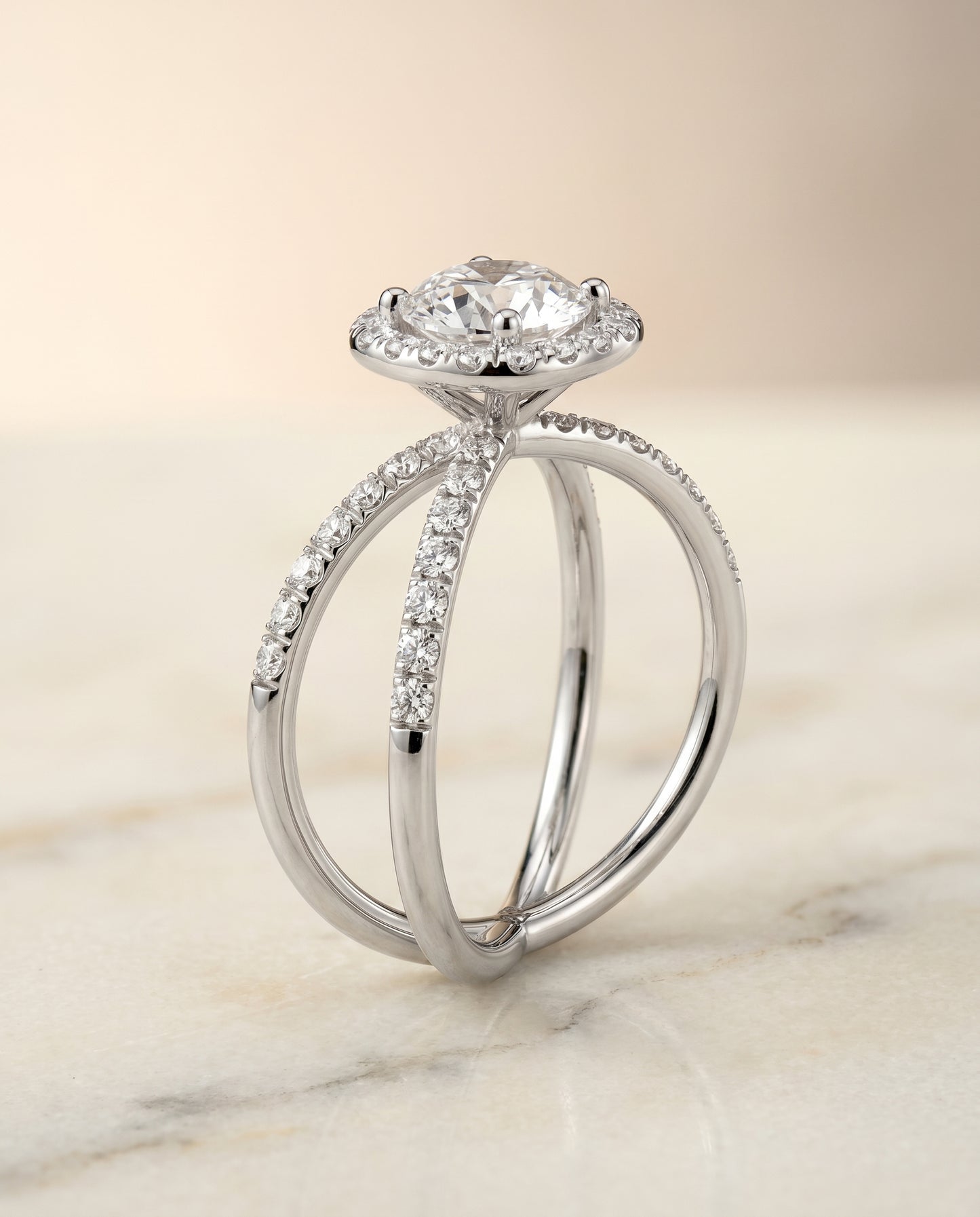 Round Brilliant, Criss Cross Pavé Halo, in Platinum, pave setting – front view | RockHer