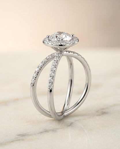 Round Brilliant, Criss Cross Pavé Halo, in Platinum, pave setting – front view | RockHer