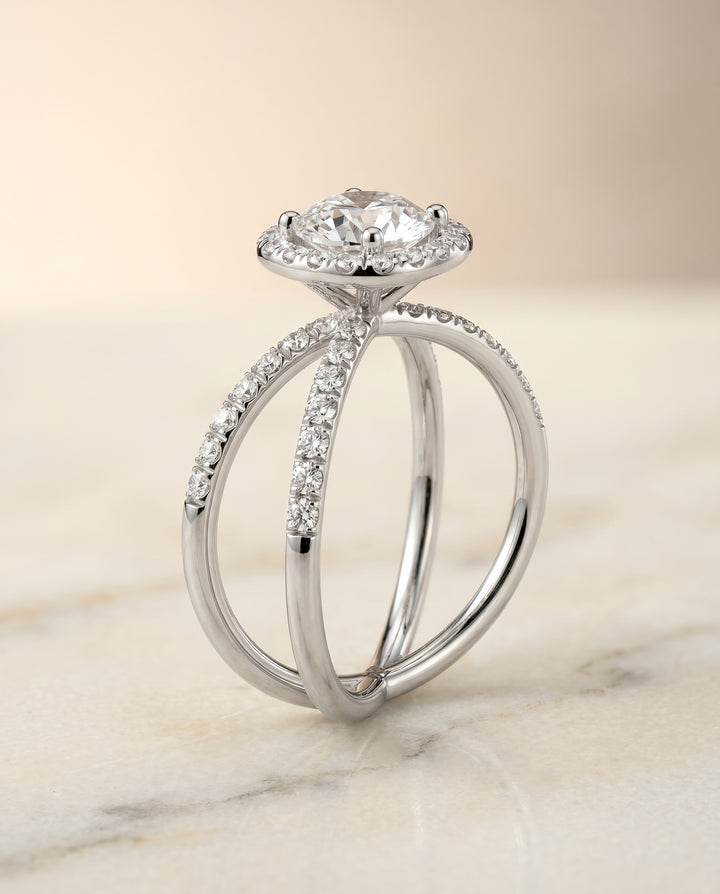 Round Brilliant, Criss Cross Pavé Halo, in Platinum, pave setting – front view | RockHer