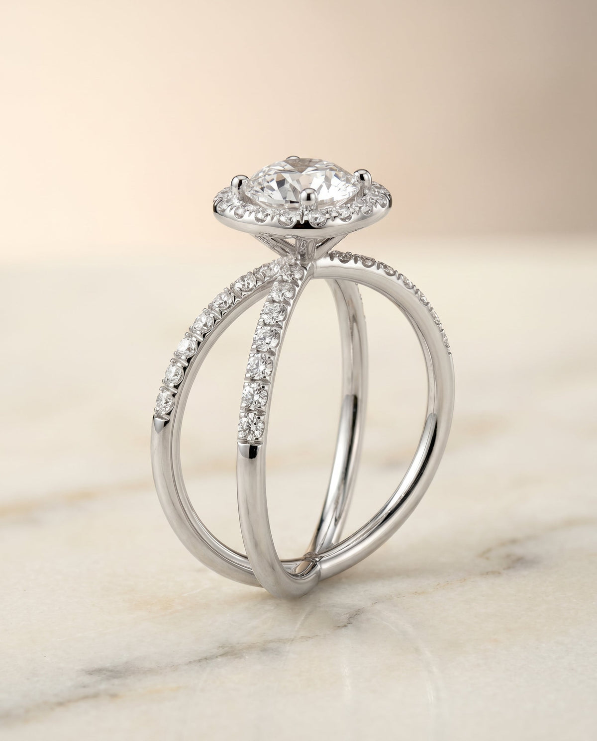 Joan Select Crossover Pavé Halo Round Lab Diamond Engagement Ring in 18K White Gold, front view | RockHer