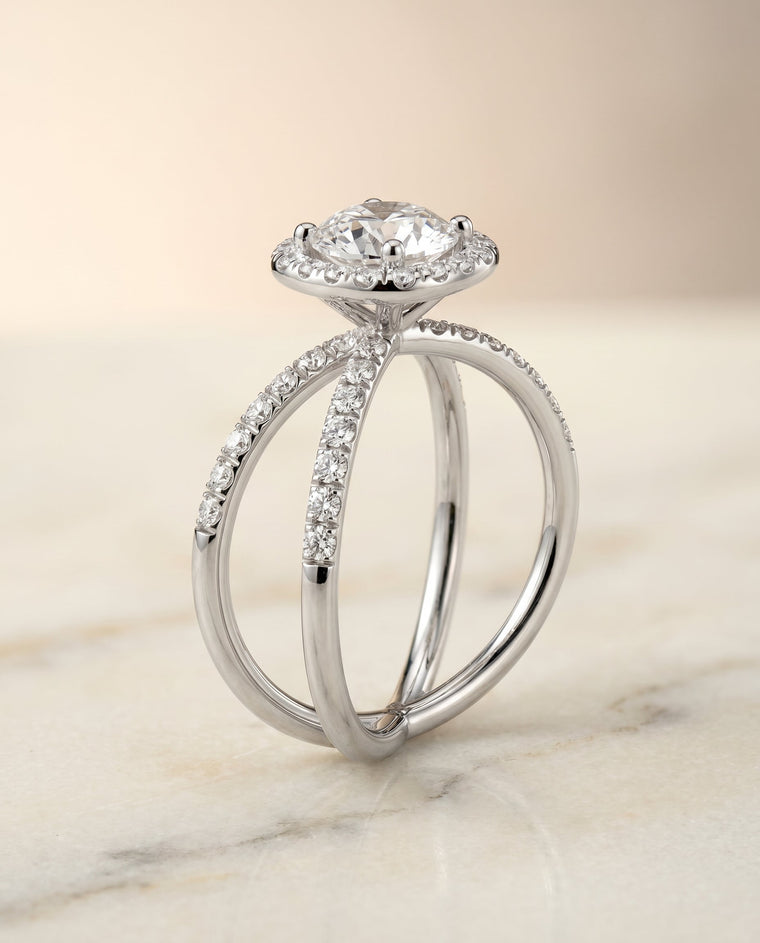The Joan Select Crossover Pavé Halo Round Lab Diamond Engagement Ring in 18K White Gold