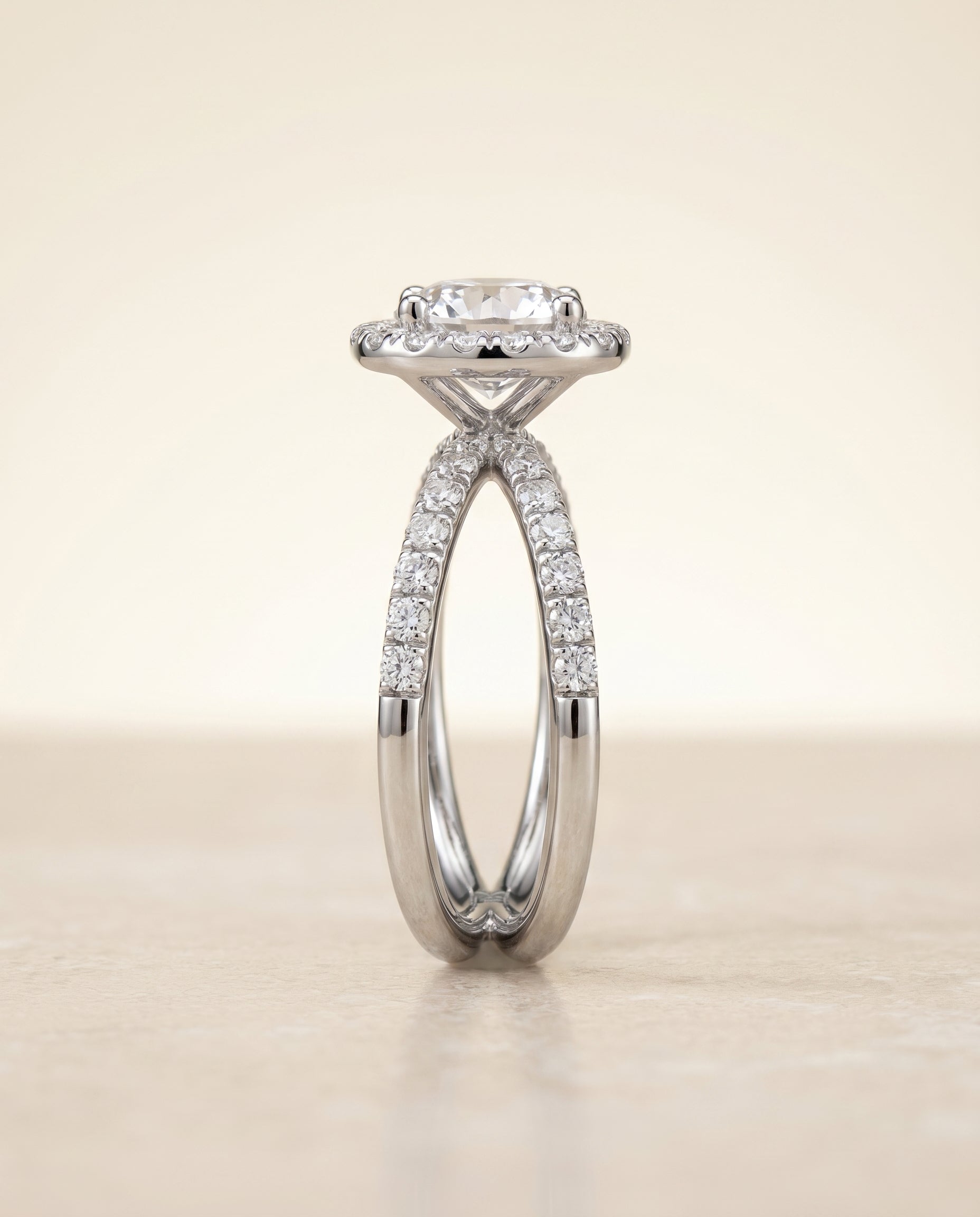 Crossover Pavé Halo styling on The Joan round engagement ring setting | RockHer