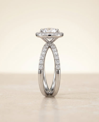 Round Brilliant, Criss Cross Pavé Halo, in Platinum, pave setting – side profile | RockHer