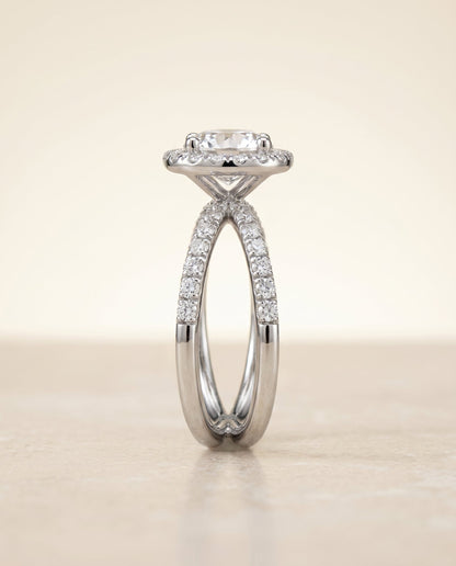 Joan Select Crossover Pavé Halo Round Lab Diamond Engagement Ring in 18K White Gold, side view | RockHer