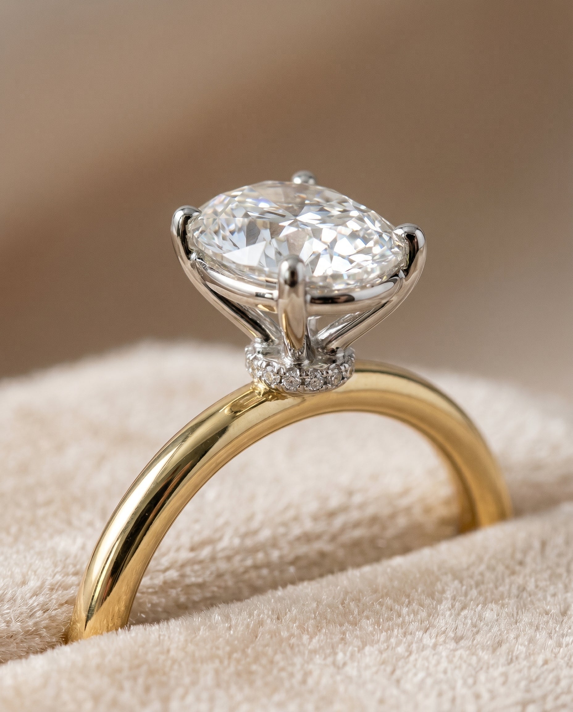 Cyndi Select Curved Hidden Halo Solitaire Oval Lab Diamond Engagement Ring in 18K Yellow Gold, detail view | RockHer