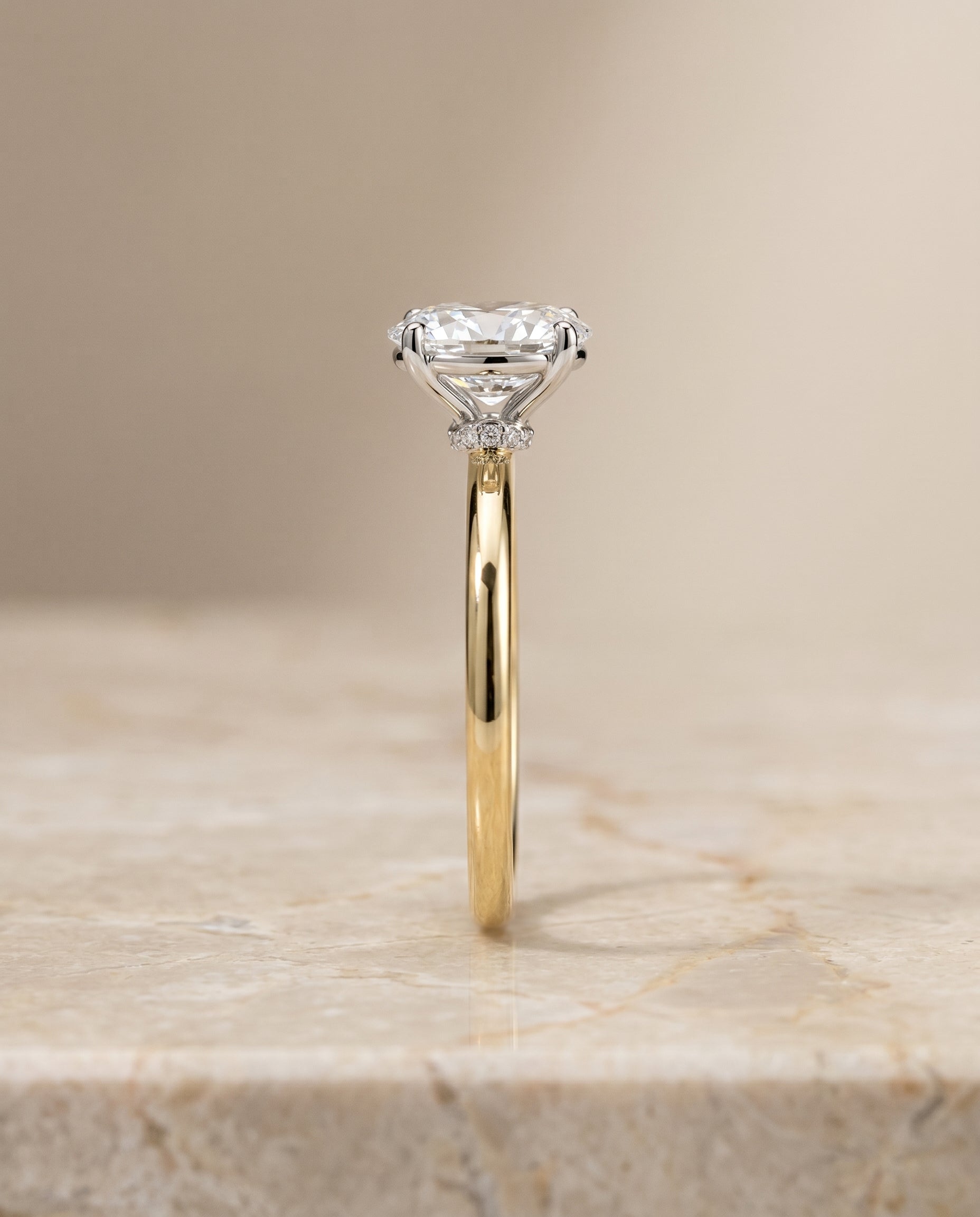 Cyndi Select Curved Hidden Halo Solitaire Oval Lab Diamond Engagement Ring in 18K Yellow Gold, side view | RockHer