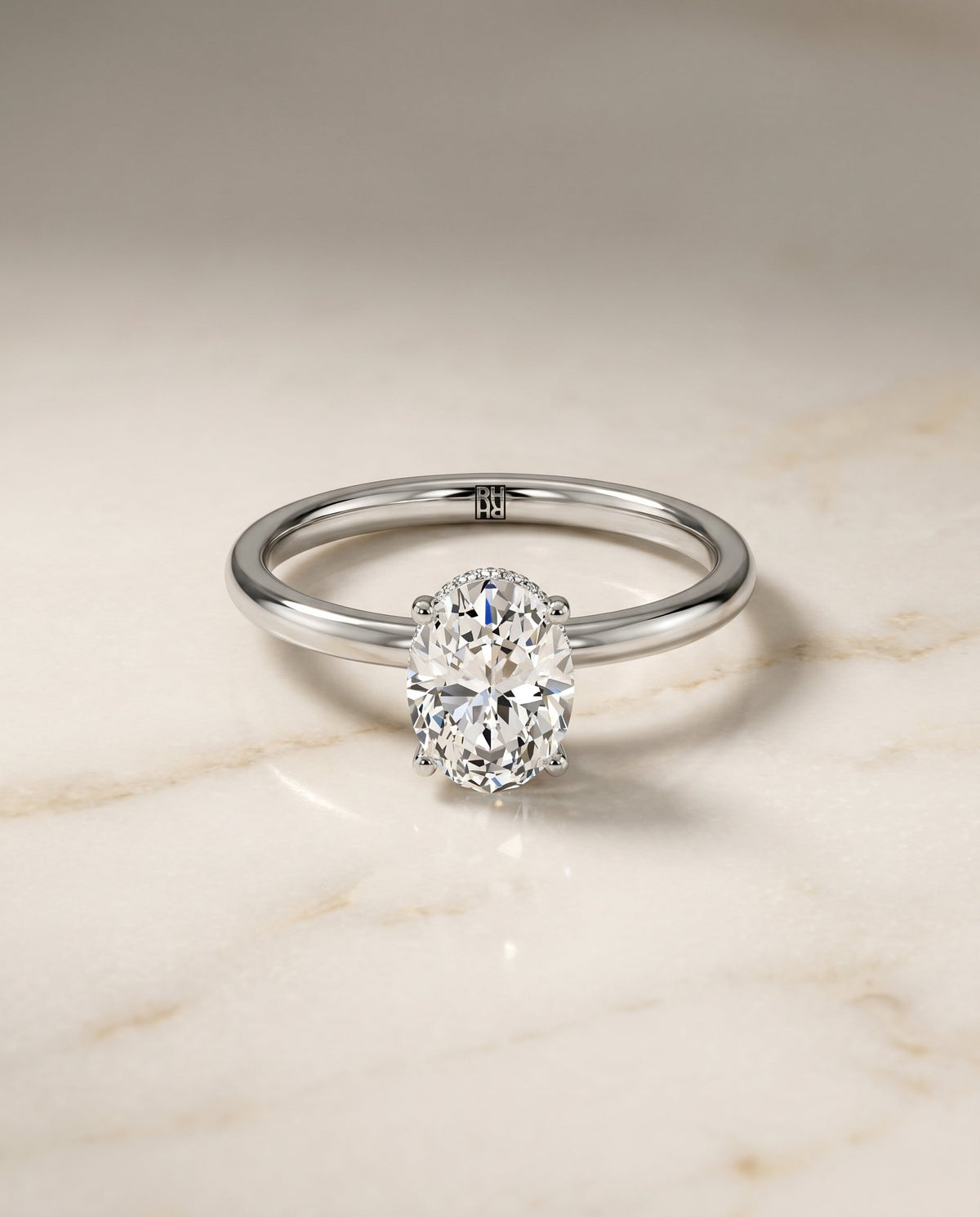 Cyndi Select Curved Hidden Halo Solitaire Oval Lab Diamond Engagement Ring in 18K White Gold, alternate angle | RockHer