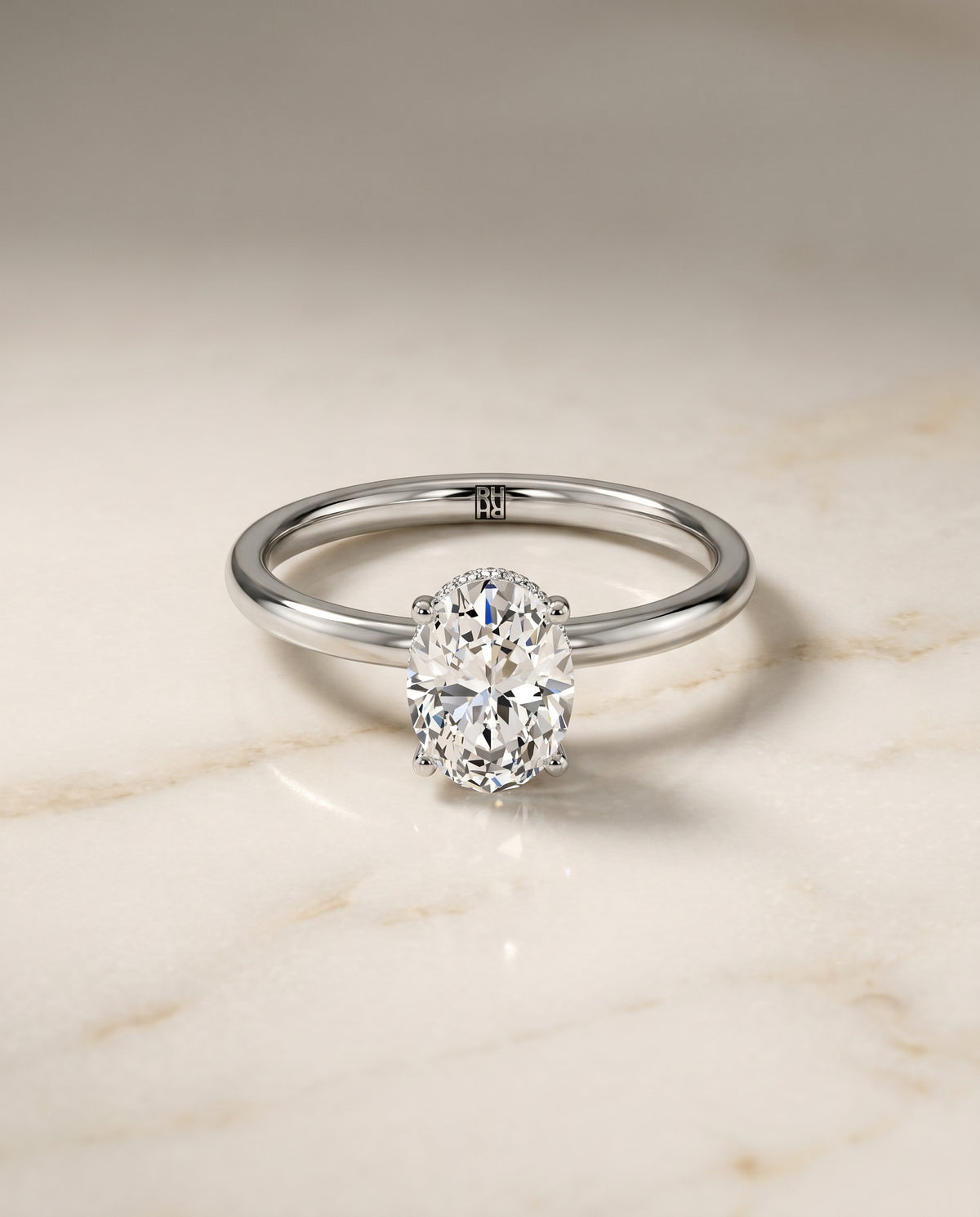 The Cyndi Hidden Halo Solitaire Engagement Ring Setting for Oval Diamonds in 18K White Gold | RockHer