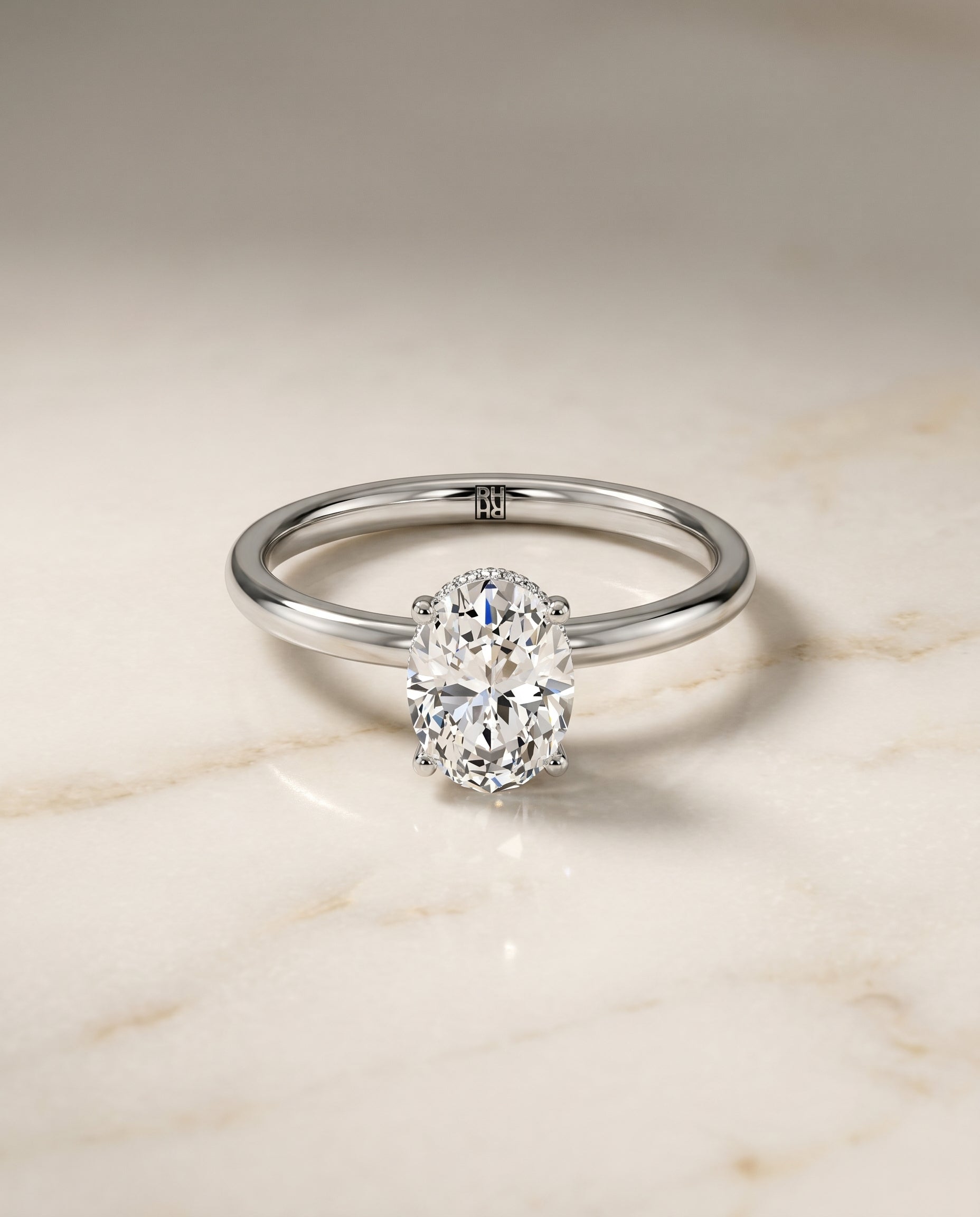 Cyndi Select Curved Hidden Halo Solitaire Oval in 14K White Gold – view 1