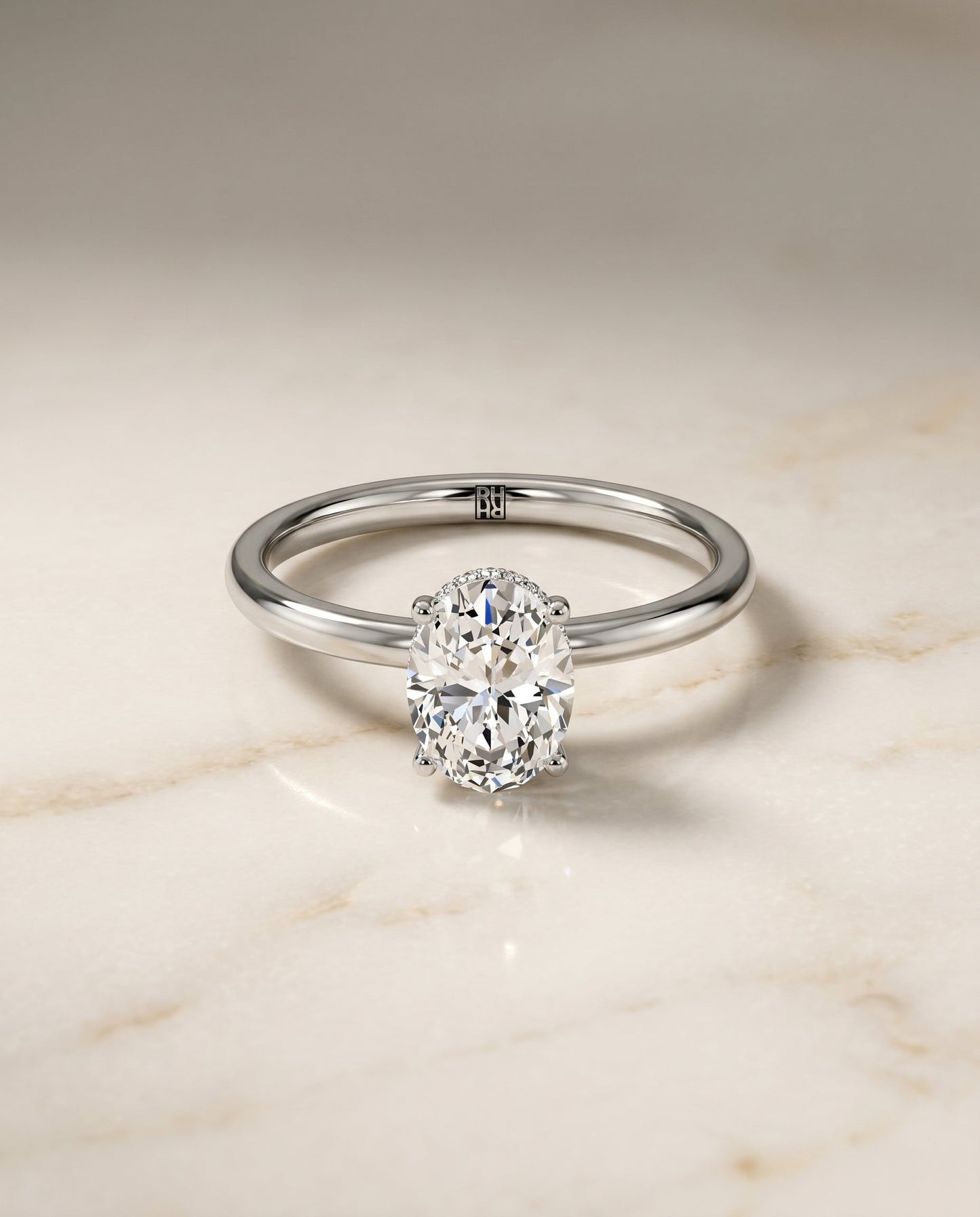 Cyndi Select Curved Hidden Halo Solitaire Oval in 14K White Gold – view 1