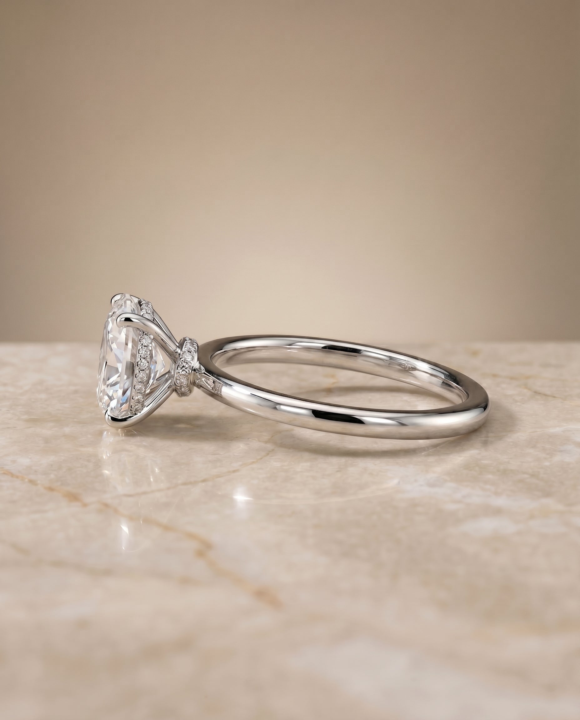 Cyndi Select Curved Hidden Halo Solitaire Oval Lab Diamond Engagement Ring in 18K White Gold, side view | RockHer