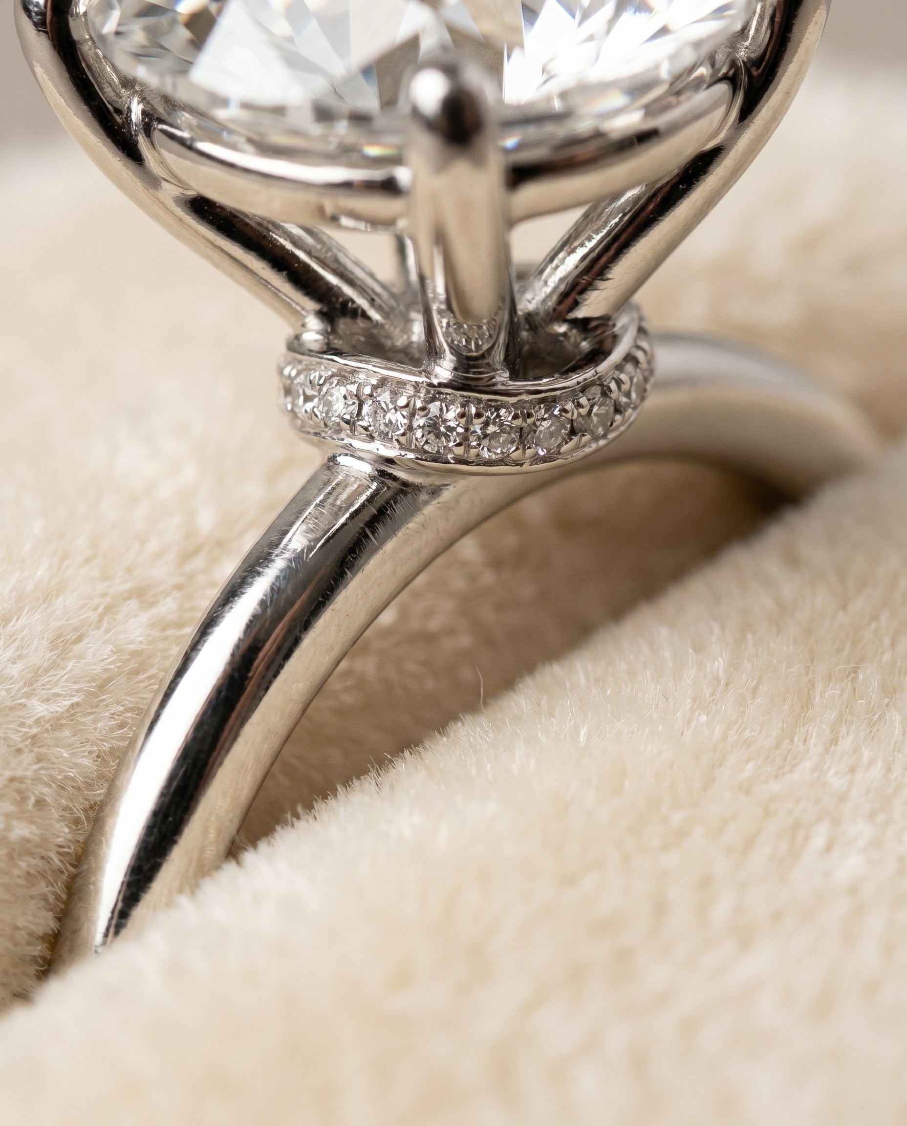 Cyndi Select Curved Hidden Halo Solitaire Round Lab Diamond Engagement Ring in Platinum, detail view | RockHer
