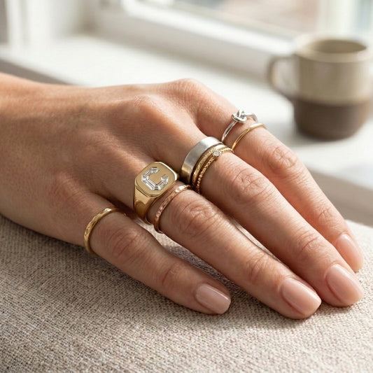 Women's Cushion lab-grown diamond letter signet ring in 14K Yellow Gold, letter C, worn on hand