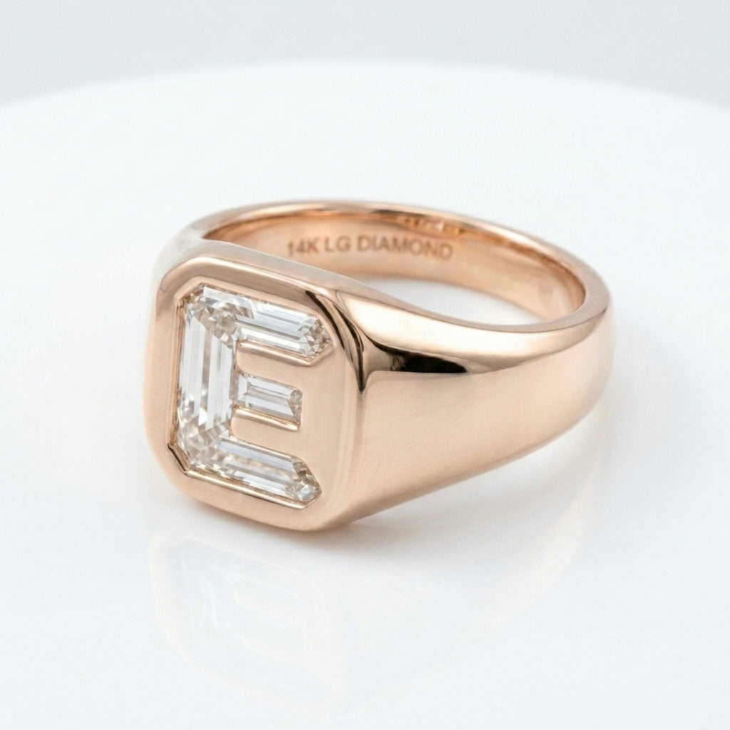 Women's Cushion lab-grown diamond letter signet ring in 14K Rose Gold, letter E, product photography