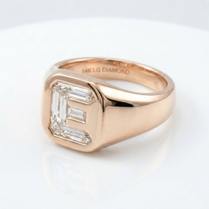 Women's Cushion lab-grown diamond letter signet ring in 14K Rose Gold, letter E, product photography