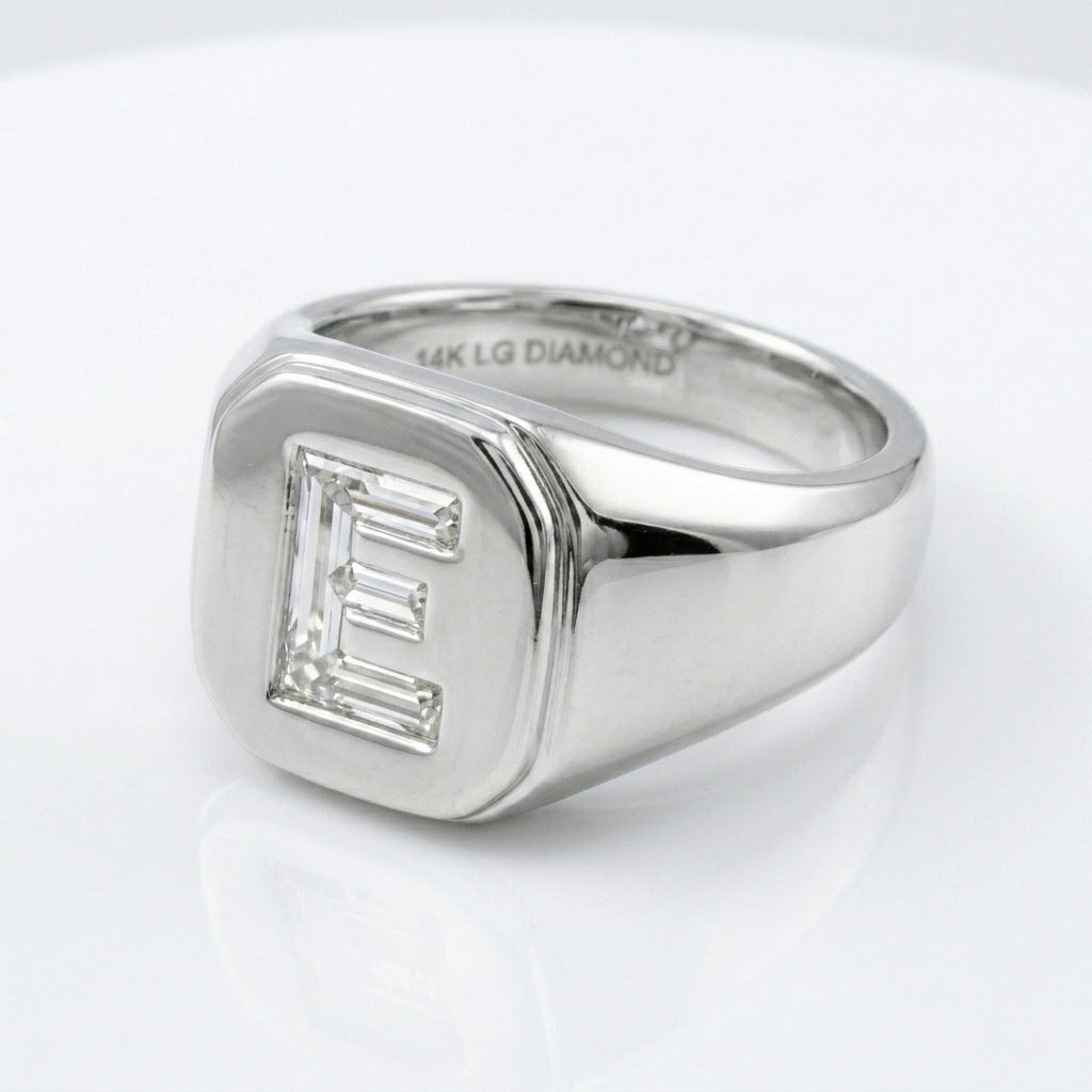 Women's Cushion lab-grown diamond letter signet ring in 14K White Gold, letter E, product photography