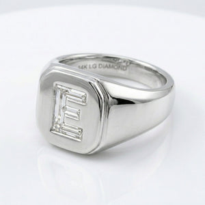 Women's Cushion lab-grown diamond letter signet ring in 14K White Gold, letter E, product photography