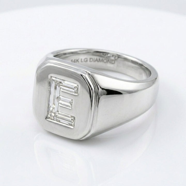 Women's Cushion lab-grown diamond letter signet ring in 14K White Gold, letter E, product photography