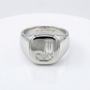 Women's Cushion lab-grown diamond letter signet ring in Platinum, letter J, product photography