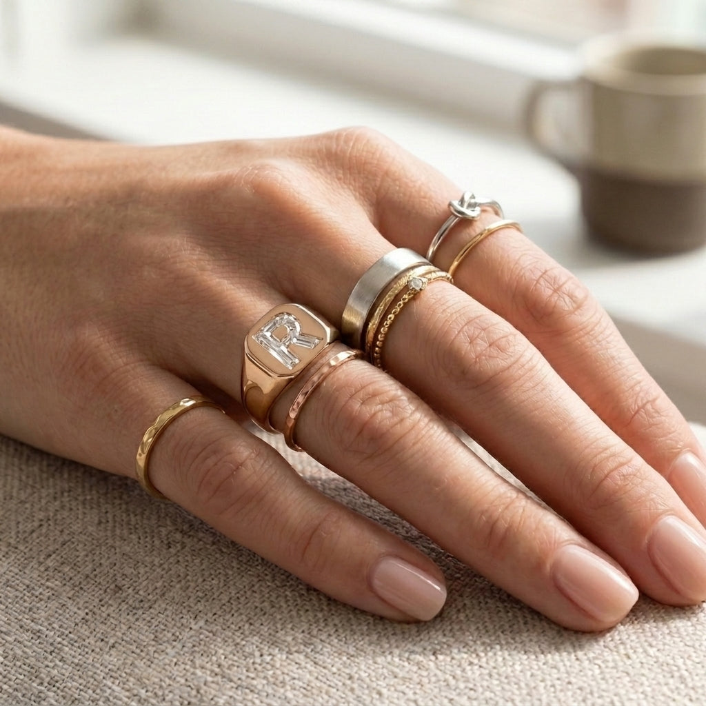 Women's Cushion lab-grown diamond letter signet ring in 14K Rose Gold, letter R, worn on hand