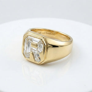 Women's Cushion lab-grown diamond letter signet ring in 14K Yellow Gold, letter R, product photography