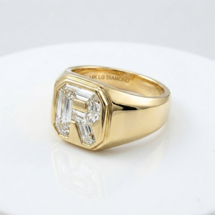 Women's Cushion lab-grown diamond letter signet ring in 14K Yellow Gold, letter R, product photography