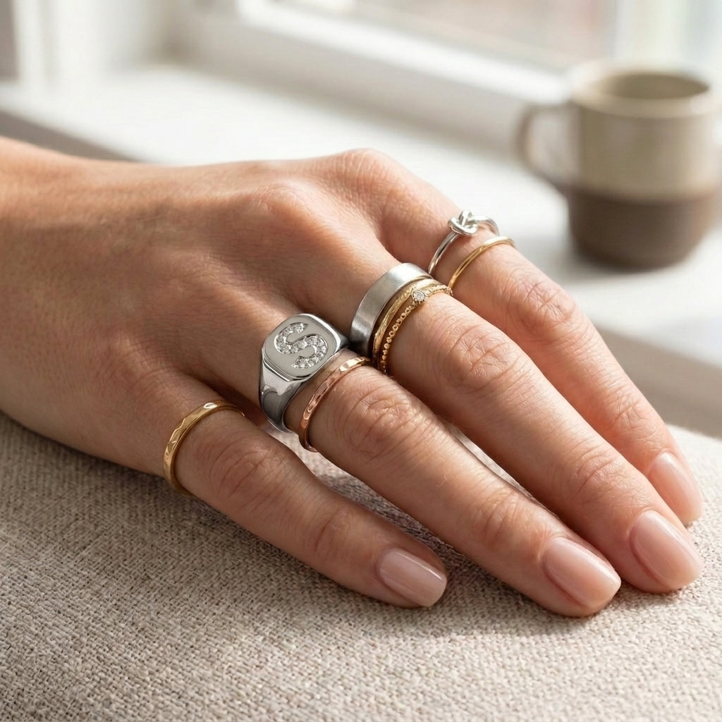 Women's Cushion lab-grown diamond letter signet ring in Platinum, letter S, worn on hand