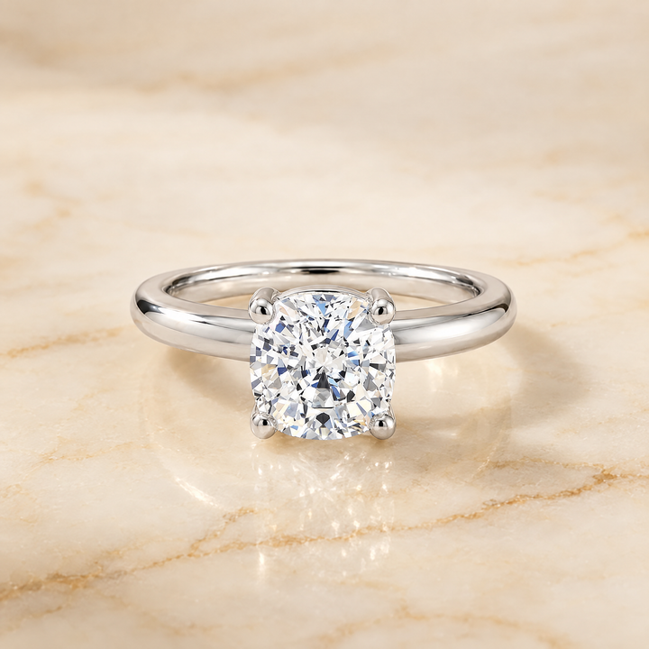 The Tori Rounded Comfort Fit Solitaire Cushion Cut Engagement Ring Setting in 18K White Gold