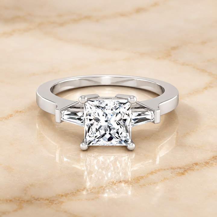 The June Three Stone Princess Cut Engagement Ring Setting in Platinum