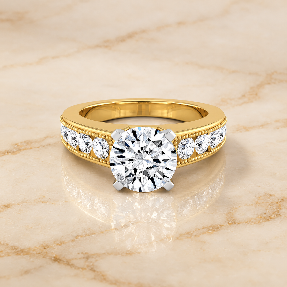 The Eleanor Antique Milgrain Channel Solitaire Round Engagement Ring Setting in 18K Yellow Gold