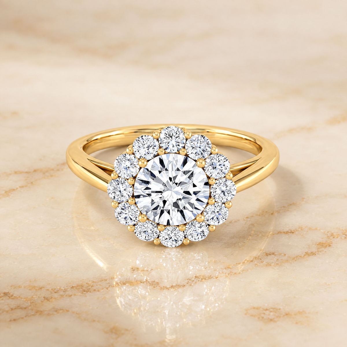 The Faith Floral Prong Halo Round Engagement Ring Setting in 18K Yellow Gold