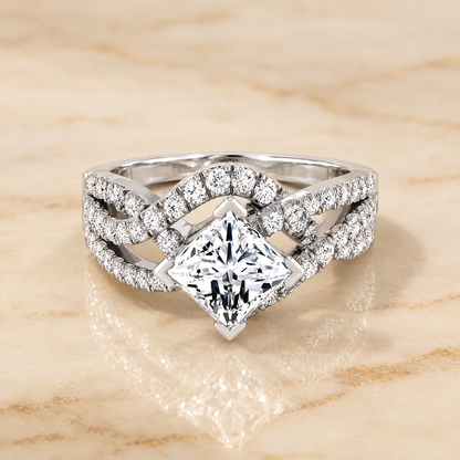 The Marguerite Bypass Twist Pavé Swirl Princess Cut Engagement Ring Setting in Platinum