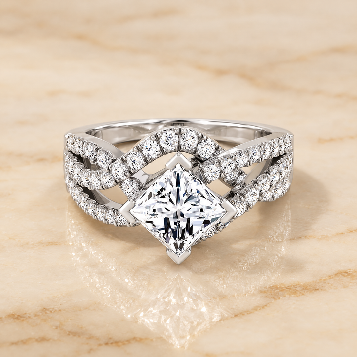The Marguerite Bypass Twist Pavé Swirl Princess Cut Engagement Ring Setting in Platinum