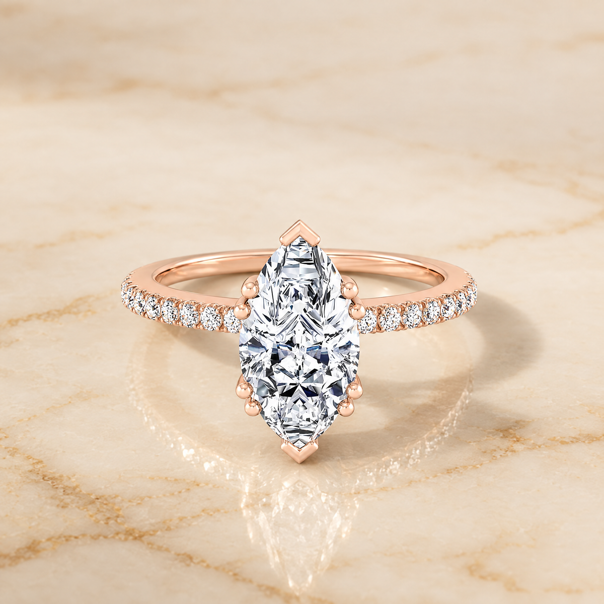 The Kelly Double Claw Prong French Pavé Marquise Engagement Ring Setting in 14K Rose Gold