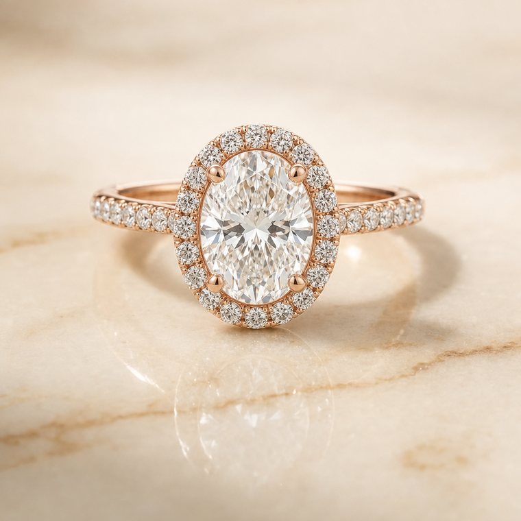 The Dylan Select Petite French Pavé Halo Oval Lab Diamond Engagement Ring in 14K Rose Gold