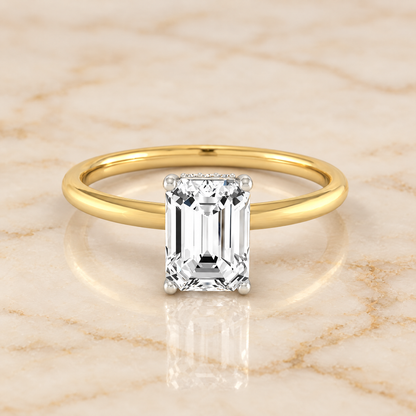 The Eartha Upper Hidden Halo Solitaire Emerald Cut Engagement Ring Setting in 18K Yellow Gold
