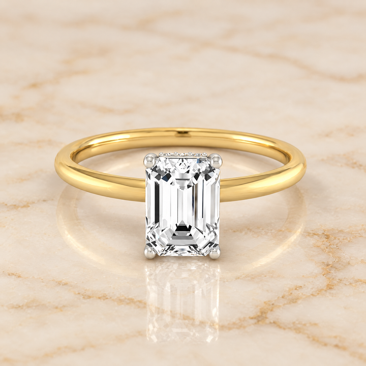 The Eartha Upper Hidden Halo Solitaire Emerald Cut Engagement Ring Setting in 18K Yellow Gold