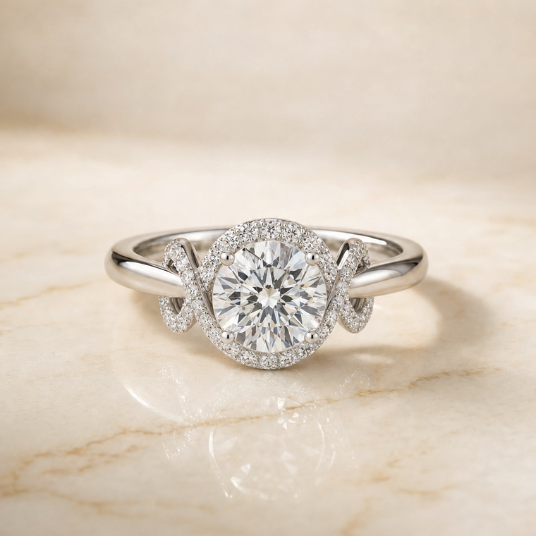 The Calista Select Love Knot Halo Round Lab Diamond Engagement Ring in Platinum