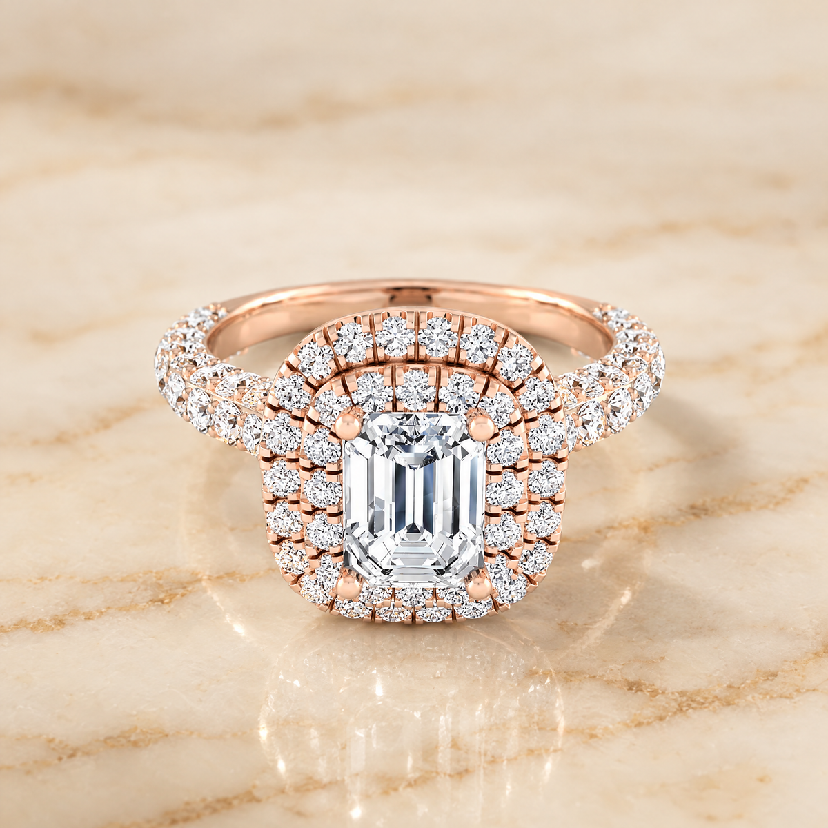 The Dinah Double Halo Emerald Cut Engagement Ring Setting in 14K Rose Gold