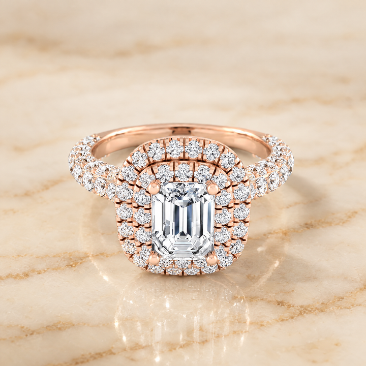 The Dinah Double Halo Emerald Cut Engagement Ring Setting in 14K Rose Gold