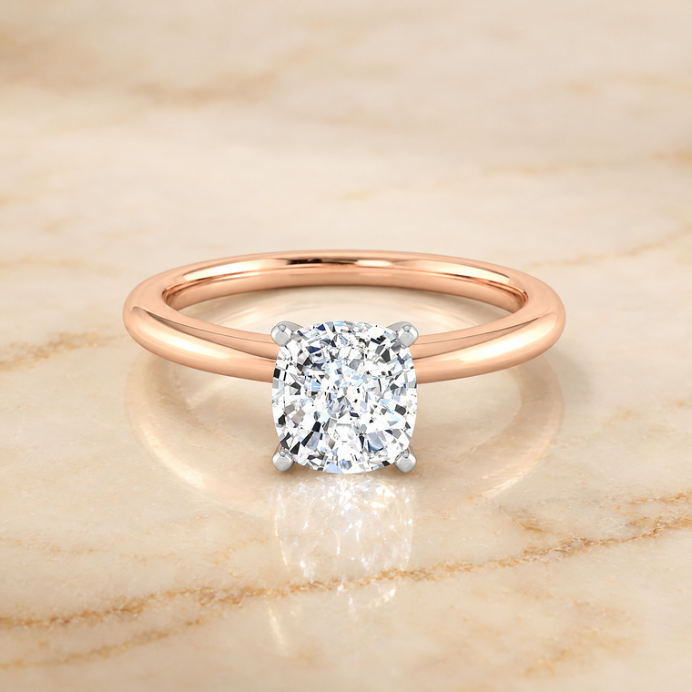 The Floria Comfort Fit Claw Prong Solitaire Cushion Cut Engagement Ring Setting in 14K Rose Gold