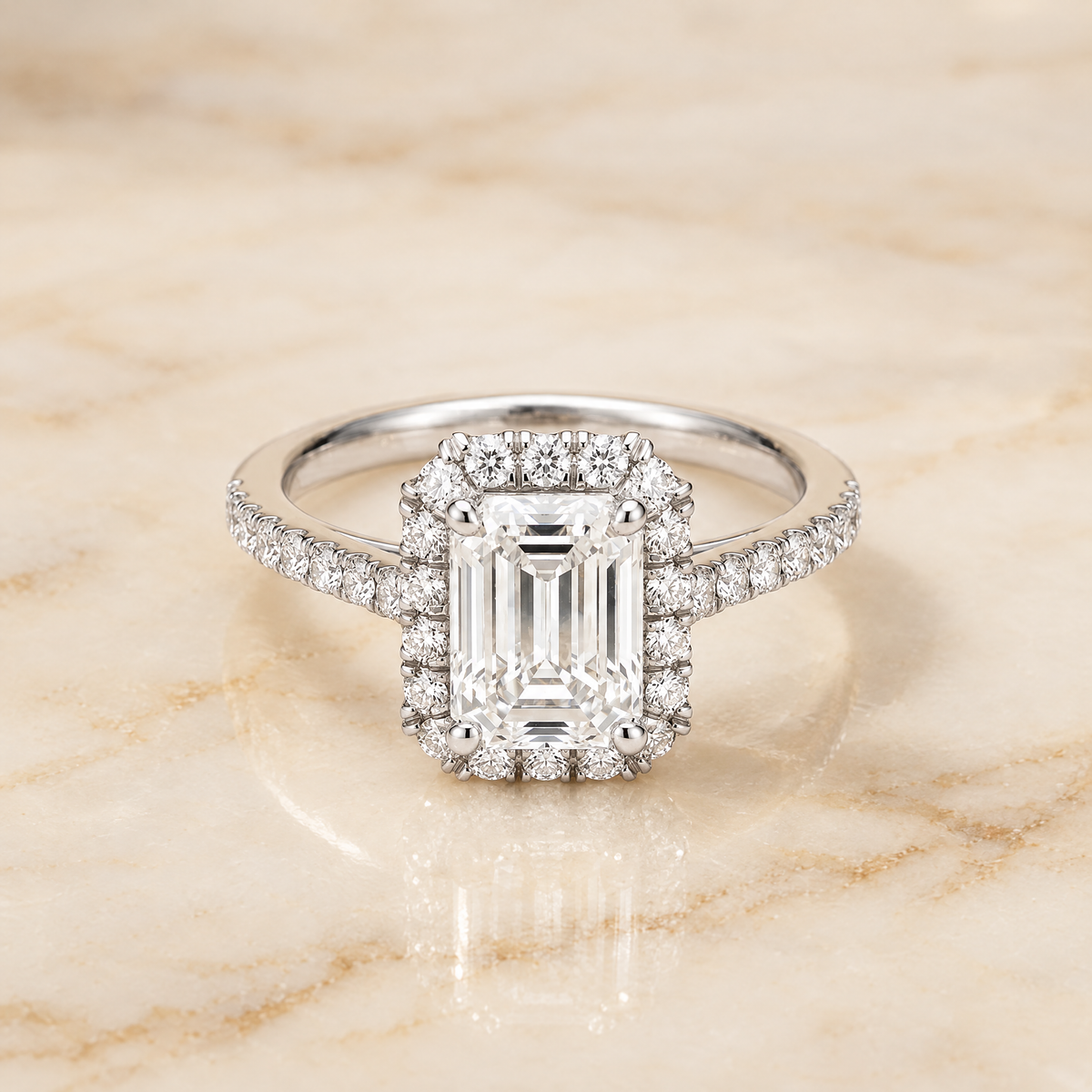 The Dylan Petite French Pavé Halo Emerald Cut Engagement Ring Setting in 18K White Gold