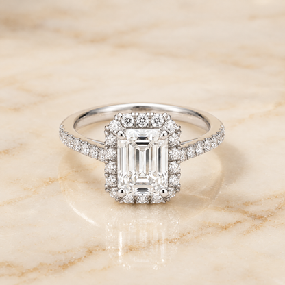 The Dylan Petite French Pavé Halo Emerald Cut Engagement Ring Setting in 18K White Gold