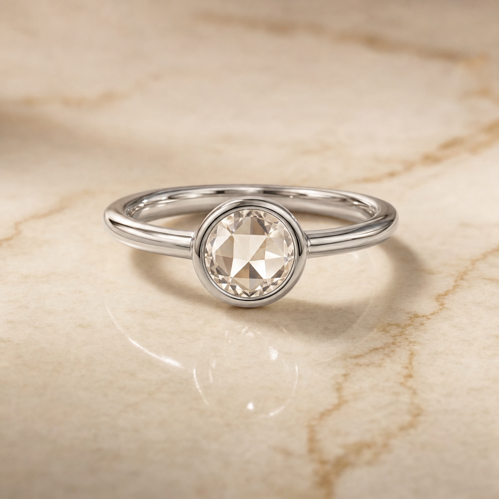 The Agnes Bezel Solitaire In Rose Cut Engagement Ring Setting in Platinum