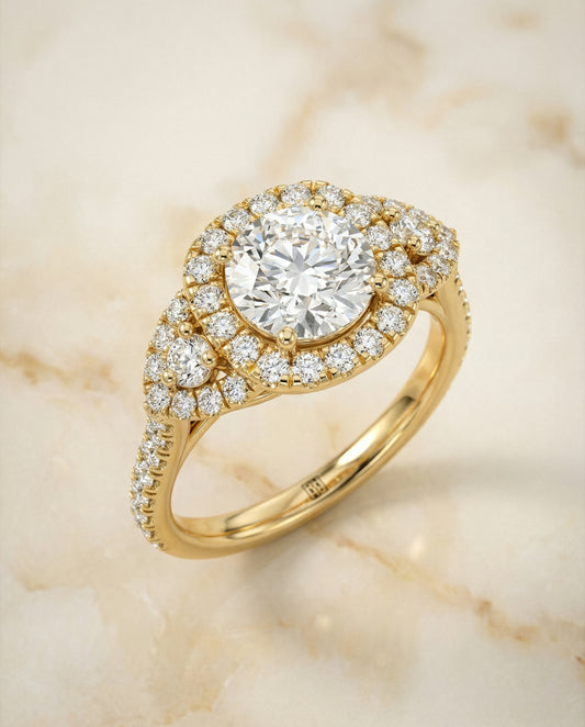 Delicate Three Stone Halo Engagement Ring Setting in 14K Yellow Gold