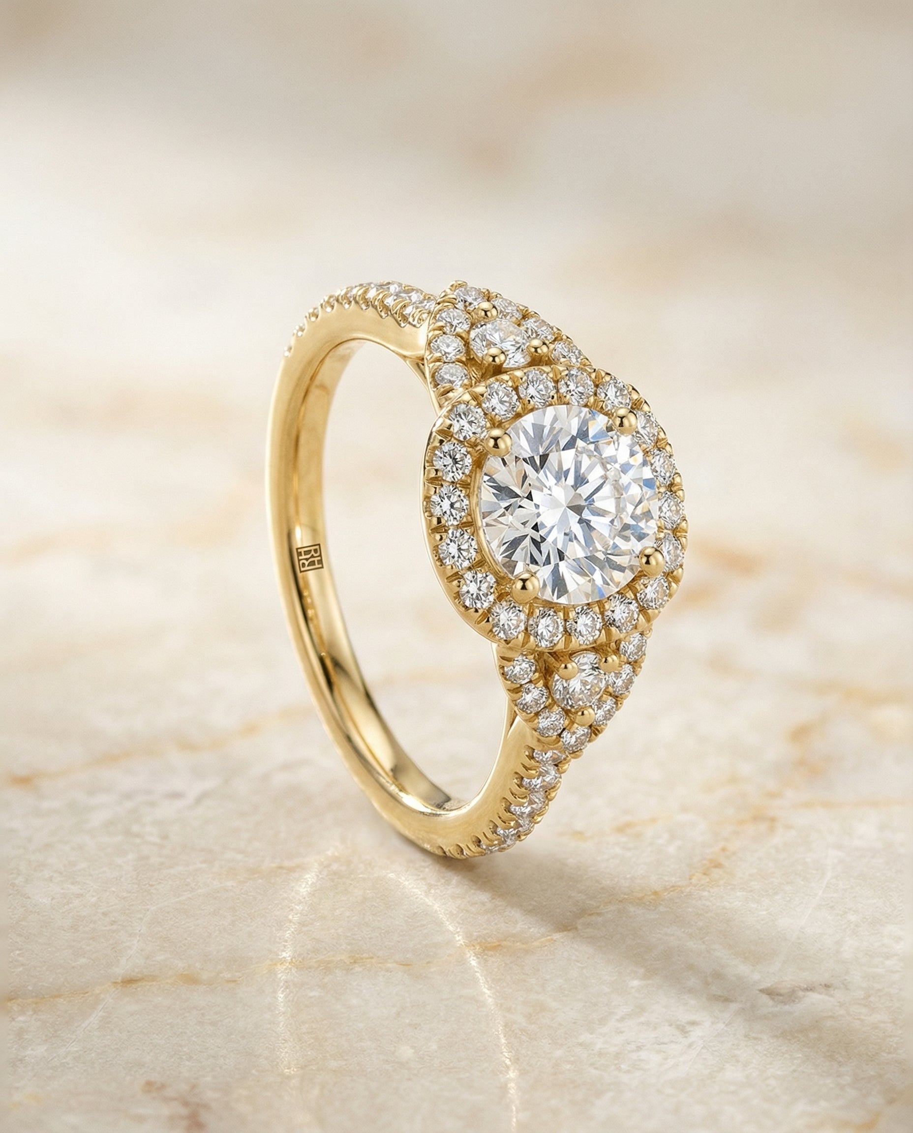 The Jennifer delicate three stone halo engagement ring setting, shown in 18K Yellow Gold | RockHer