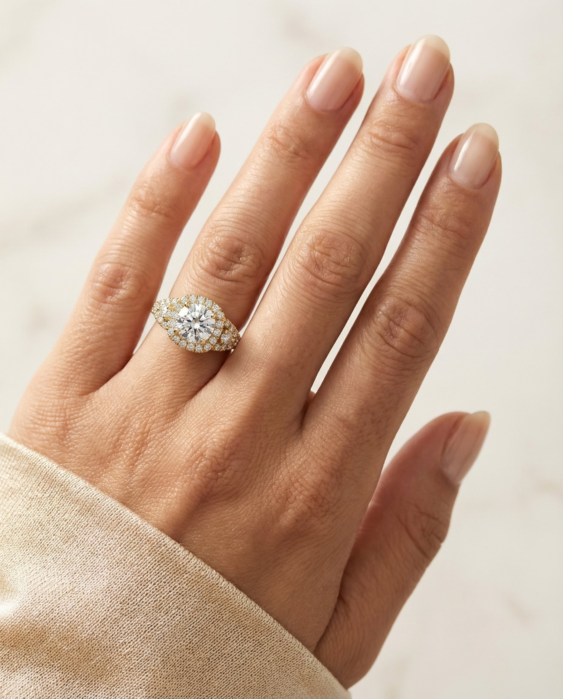The Jennifer engagement ring setting in 18K Yellow Gold, delicate three stone halo design | RockHer