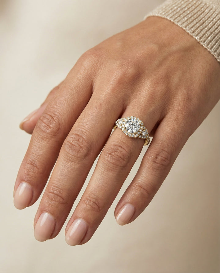 Jennifer Select Three Stone With Halo Round Lab Diamond Engagement Ring in 18K Yellow Gold, shown on hand | RockHer