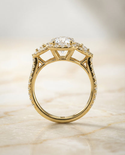 Jennifer Select delicate three stone halo round ring in 14K Yellow Gold — side — RockHer