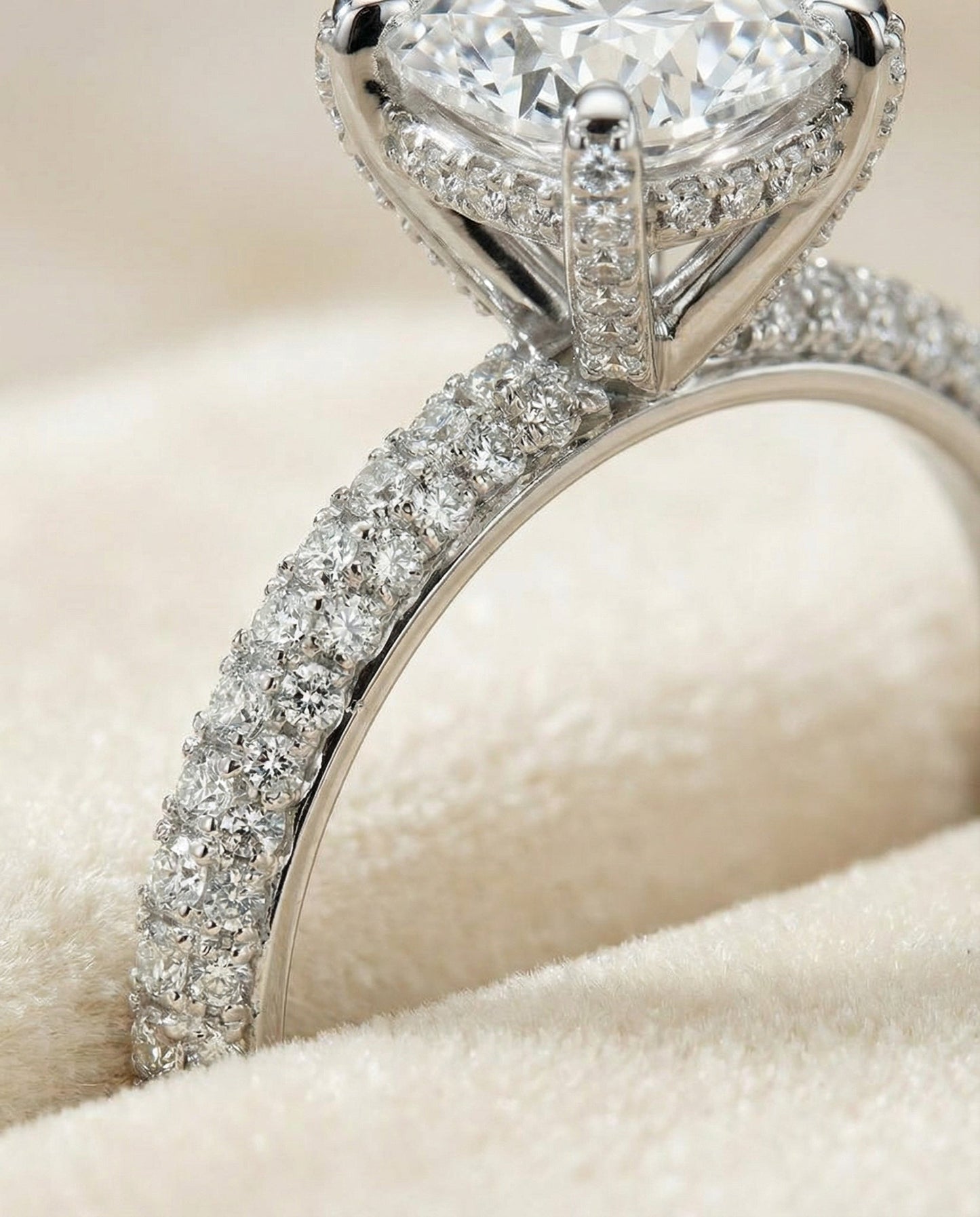 Tina Select diamond encrusted claw triple pavé cushion cushion ring in 14K White Gold — detail — RockHer